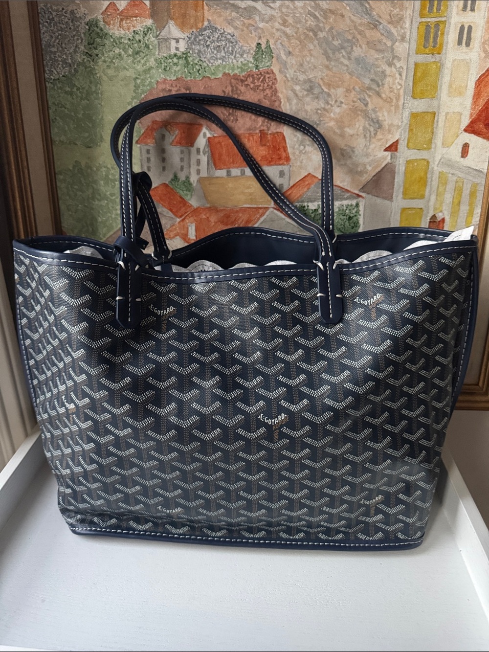 Navy Patterned Tote with Double Top Handles